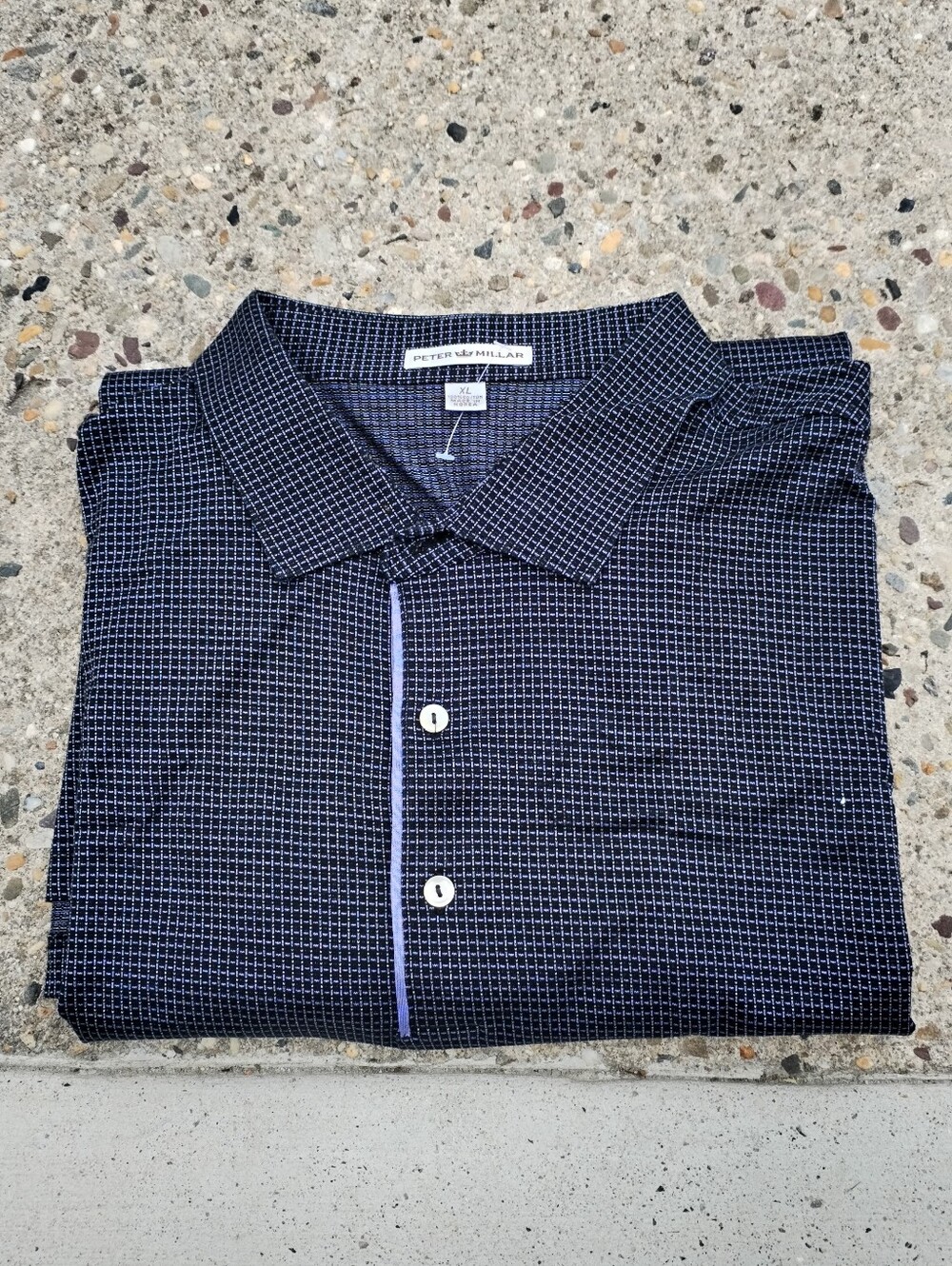 Peter Millar Navy Micro-Grid Button Down Shirt with Contrast Trim